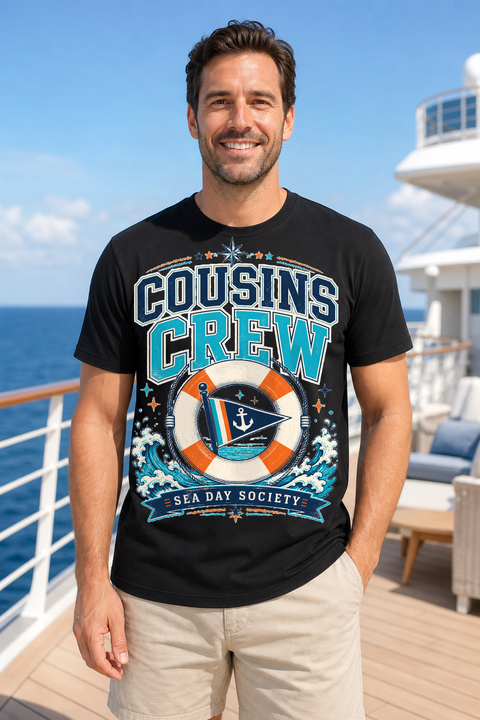 Male black T-shirt cruise deck mockup using exact CRUISE-0266 artwork