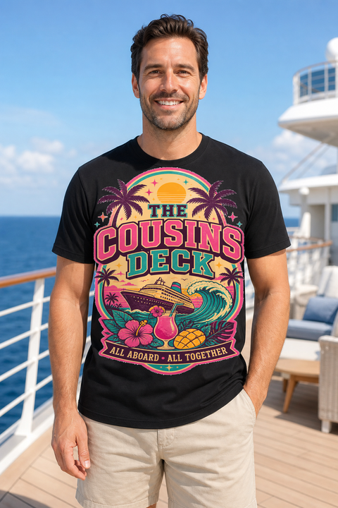 Male black T-shirt cruise deck mockup using exact CRUISE-0267 artwork