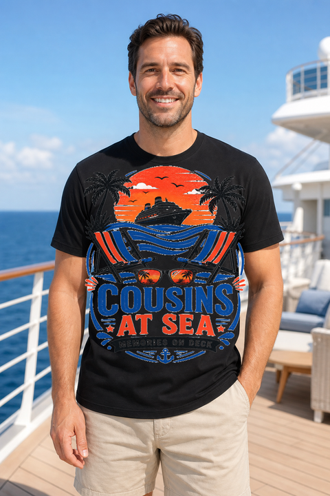 Male black T-shirt cruise deck mockup using exact CRUISE-0268 artwork