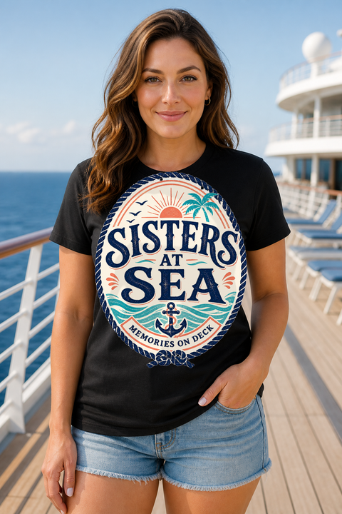 Female black T-shirt cruise deck mockup using exact CRUISE-0273 artwork