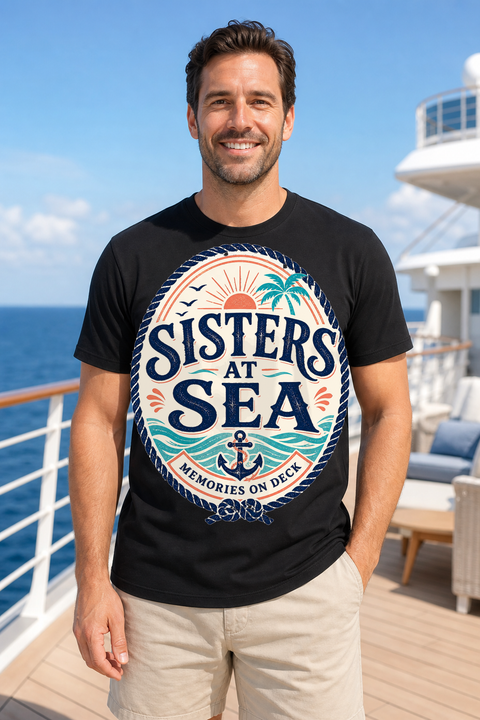 Male black T-shirt cruise deck mockup using exact CRUISE-0273 artwork