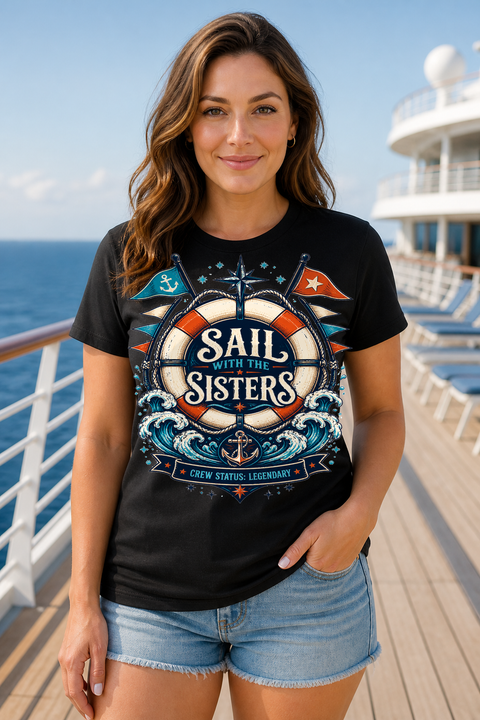 Female black T-shirt cruise deck mockup using exact CRUISE-0274 artwork