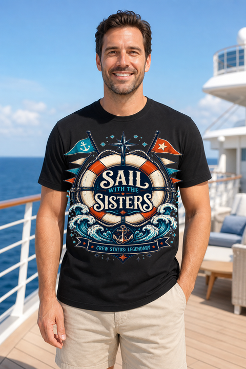 Male black T-shirt cruise deck mockup using exact CRUISE-0274 artwork