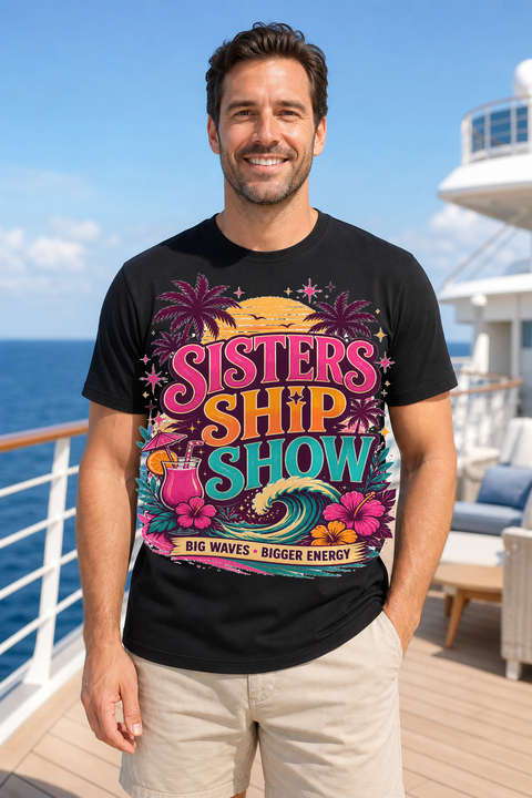 Male black T-shirt cruise deck mockup using exact CRUISE-0275 artwork
