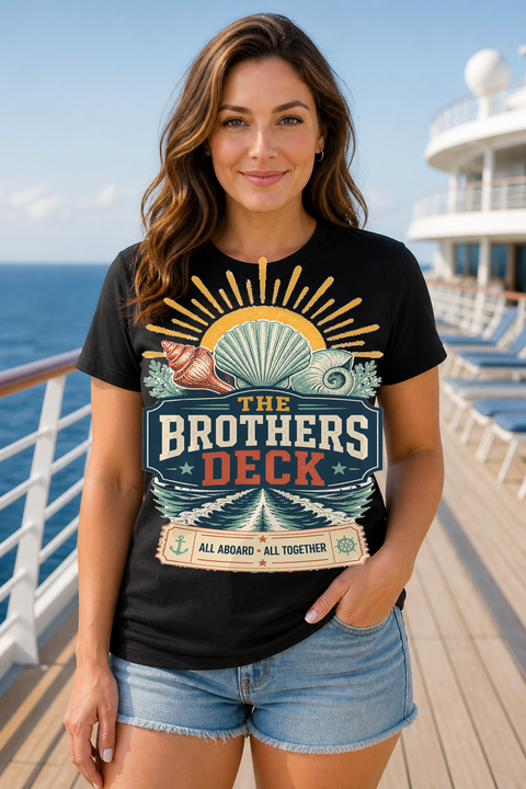 Female black T-shirt cruise deck mockup using exact CRUISE-0277 artwork