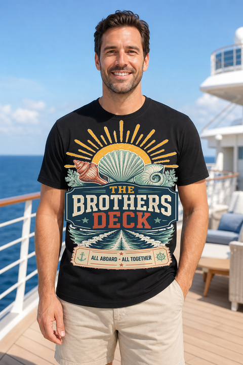 Male black T-shirt cruise deck mockup using exact CRUISE-0277 artwork