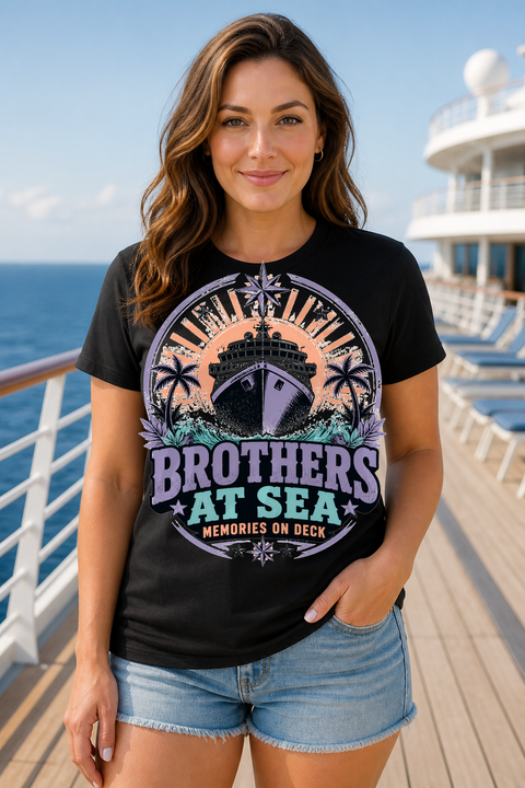 Female black T-shirt cruise deck mockup using exact CRUISE-0278 artwork