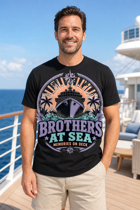 Male black T-shirt cruise deck mockup using exact CRUISE-0278 artwork