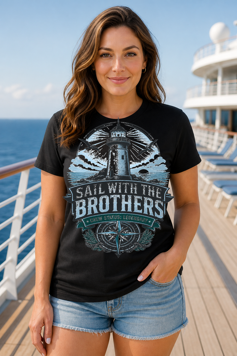 Female black T-shirt cruise deck mockup using exact CRUISE-0279 artwork