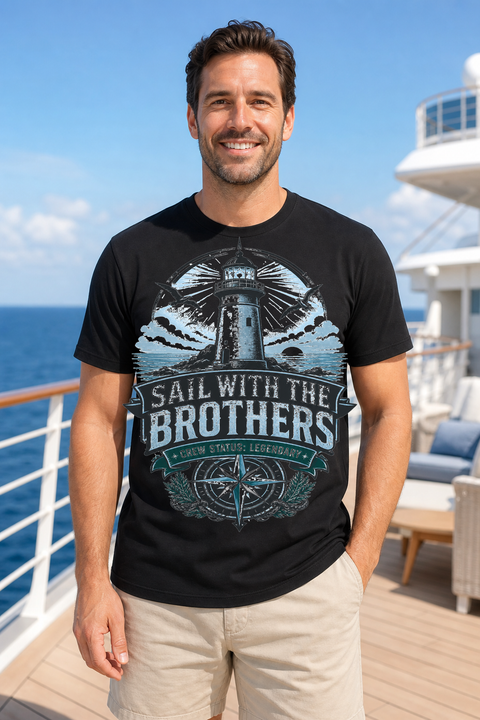 Male black T-shirt cruise deck mockup using exact CRUISE-0279 artwork