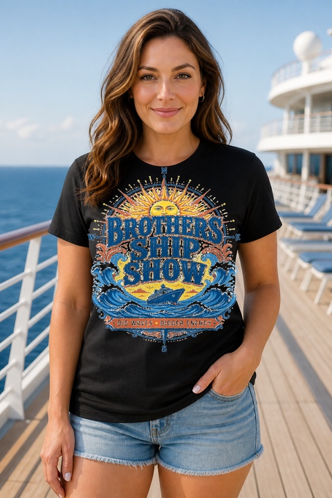Female black T-shirt cruise deck mockup using exact CRUISE-0280 artwork