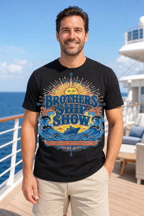 Male black T-shirt cruise deck mockup using exact CRUISE-0280 artwork