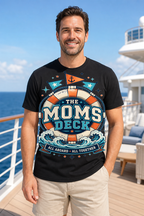 Male black T-shirt cruise deck mockup using exact CRUISE-0282 artwork