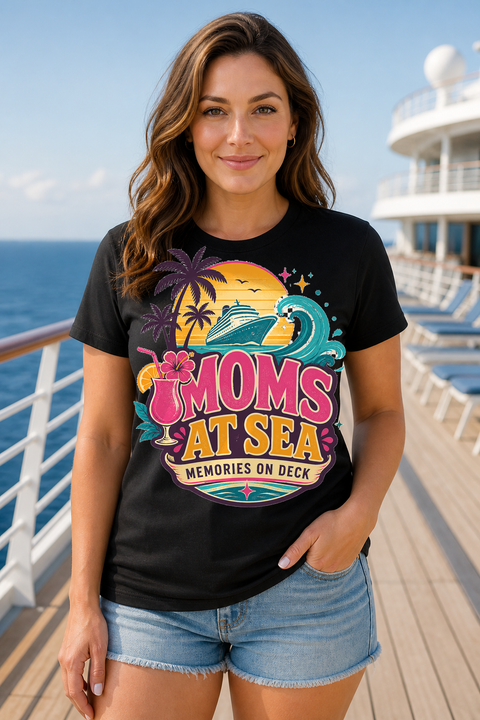 Female black T-shirt cruise deck mockup using exact CRUISE-0283 artwork