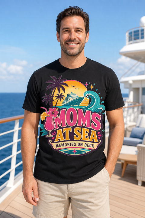 Male black T-shirt cruise deck mockup using exact CRUISE-0283 artwork