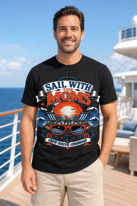 Male black T-shirt cruise deck mockup using exact CRUISE-0284 artwork