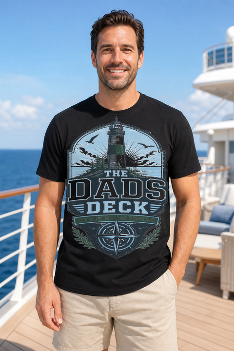 Male black T-shirt cruise deck mockup using exact CRUISE-0287 artwork