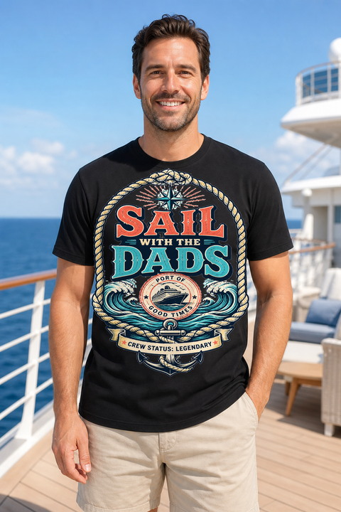 Male black T-shirt cruise deck mockup using exact CRUISE-0289 artwork