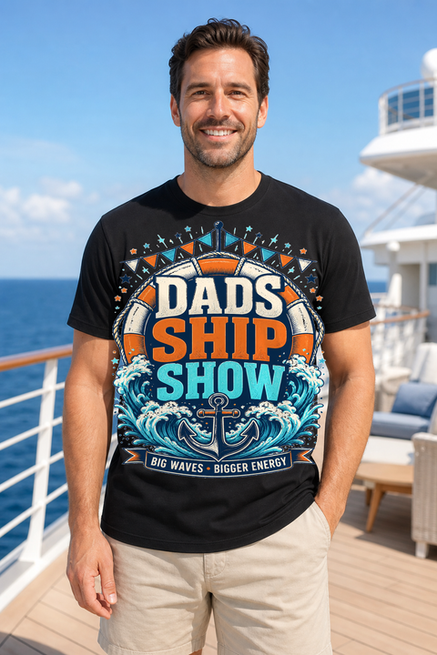 Male black T-shirt cruise deck mockup using exact CRUISE-0290 artwork