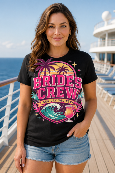 Female black T-shirt cruise deck mockup using exact CRUISE-0291 artwork