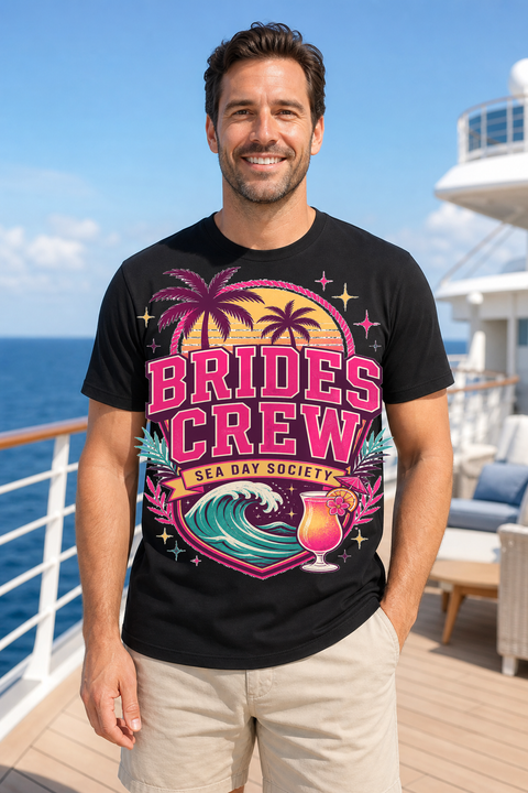 Male black T-shirt cruise deck mockup using exact CRUISE-0291 artwork