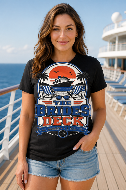 Female black T-shirt cruise deck mockup using exact CRUISE-0292 artwork