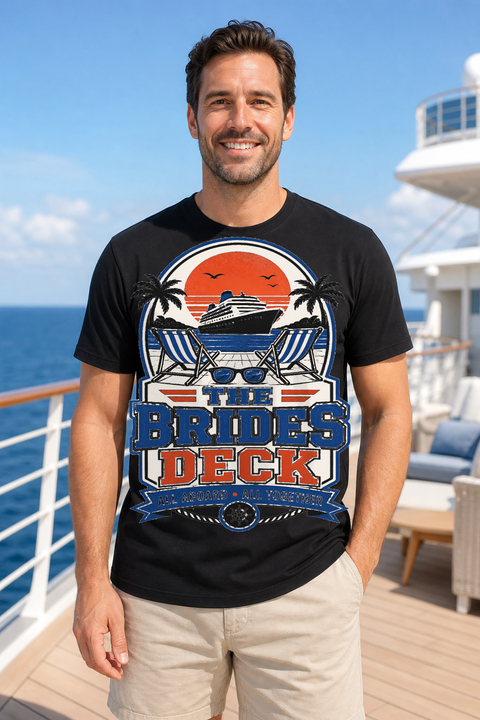 Male black T-shirt cruise deck mockup using exact CRUISE-0292 artwork
