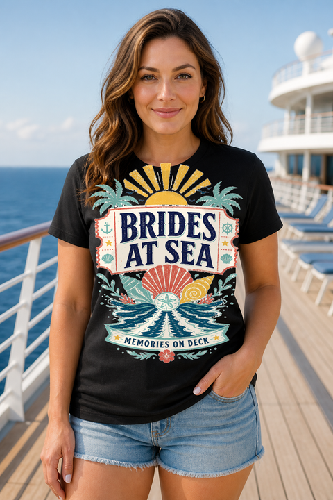 Female black T-shirt cruise deck mockup using exact CRUISE-0293 artwork