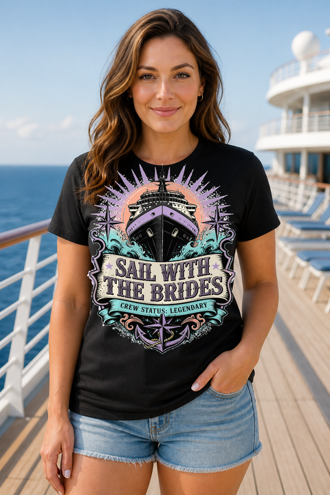 Female black T-shirt cruise deck mockup using exact CRUISE-0294 artwork