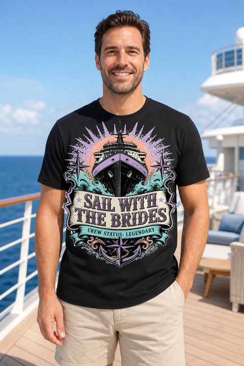 Male black T-shirt cruise deck mockup using exact CRUISE-0294 artwork