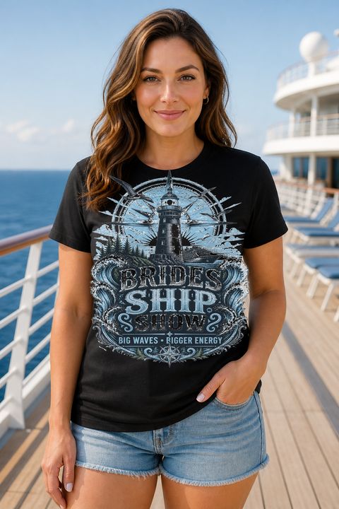 Female black T-shirt cruise deck mockup using exact CRUISE-0295 artwork