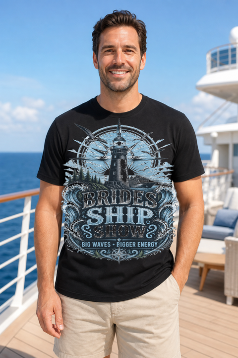 Male black T-shirt cruise deck mockup using exact CRUISE-0295 artwork