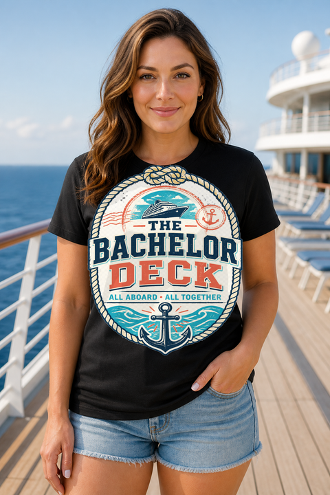Female black T-shirt cruise deck mockup using exact CRUISE-0297 artwork