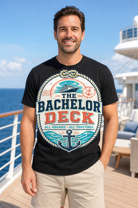 Male black T-shirt cruise deck mockup using exact CRUISE-0297 artwork