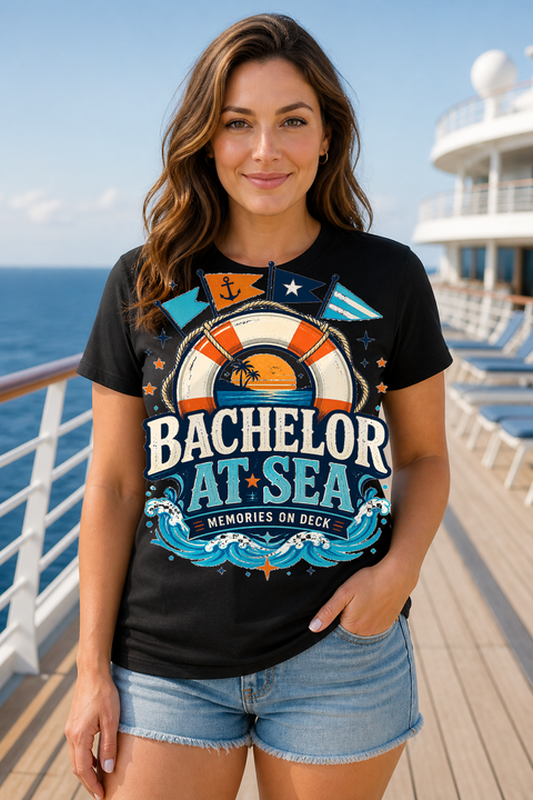 Female black T-shirt cruise deck mockup using exact CRUISE-0298 artwork