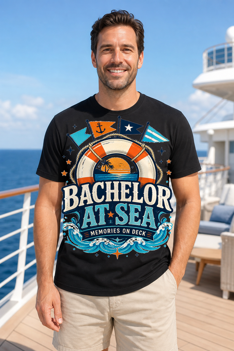 Male black T-shirt cruise deck mockup using exact CRUISE-0298 artwork