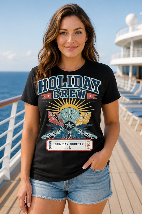 Female black T-shirt cruise deck mockup using exact CRUISE-0301 artwork