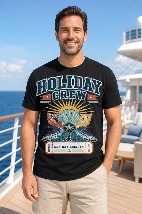 Male black T-shirt cruise deck mockup using exact CRUISE-0301 artwork