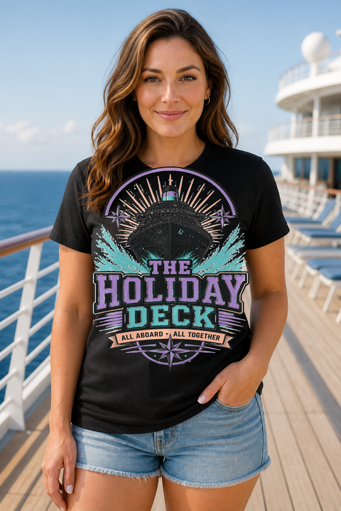 Female black T-shirt cruise deck mockup using exact CRUISE-0302 artwork