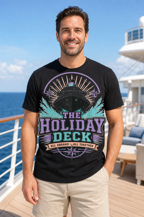 Male black T-shirt cruise deck mockup using exact CRUISE-0302 artwork