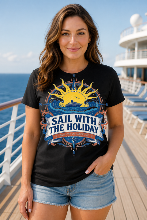Female black T-shirt cruise deck mockup using exact CRUISE-0304 artwork