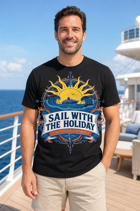 Male black T-shirt cruise deck mockup using exact CRUISE-0304 artwork