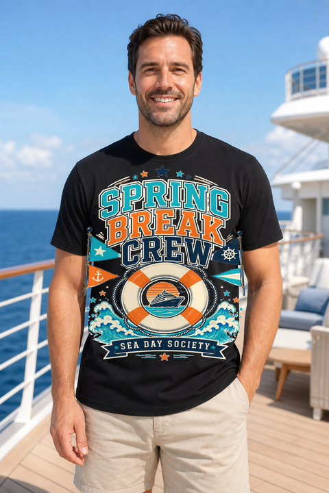 Male black T-shirt cruise deck mockup using exact CRUISE-0306 artwork