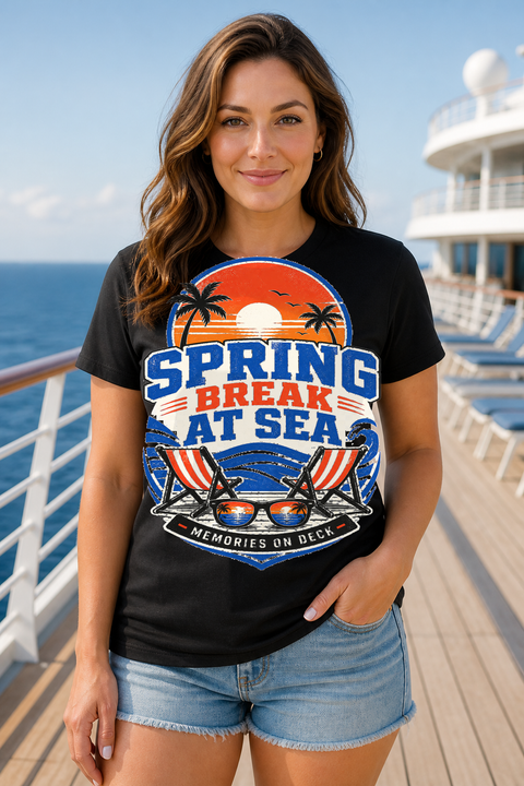 Female black T-shirt cruise deck mockup using exact CRUISE-0308 artwork