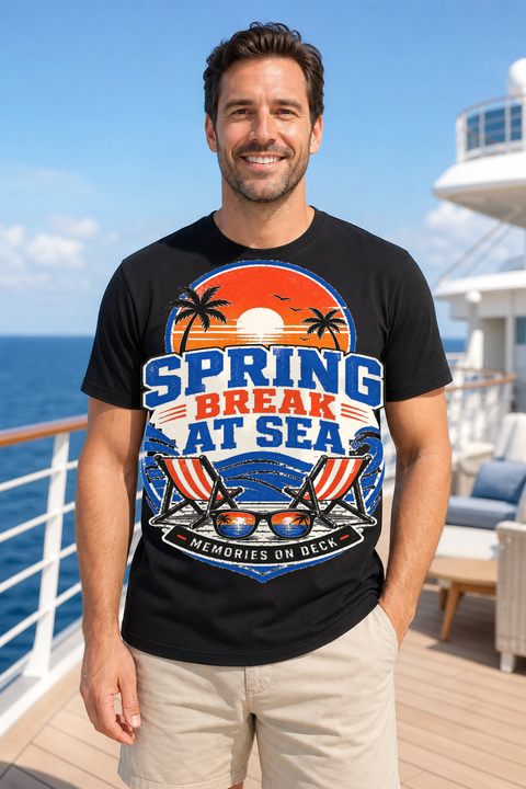 Male black T-shirt cruise deck mockup using exact CRUISE-0308 artwork