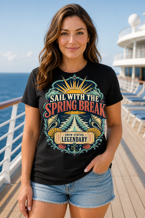 Female black T-shirt cruise deck mockup using exact CRUISE-0309 artwork