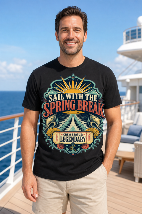Male black T-shirt cruise deck mockup using exact CRUISE-0309 artwork