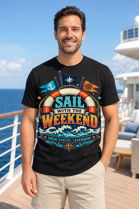 Male black T-shirt cruise deck mockup using exact CRUISE-0314 artwork