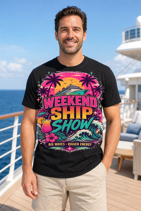 Male black T-shirt cruise deck mockup using exact CRUISE-0315 artwork