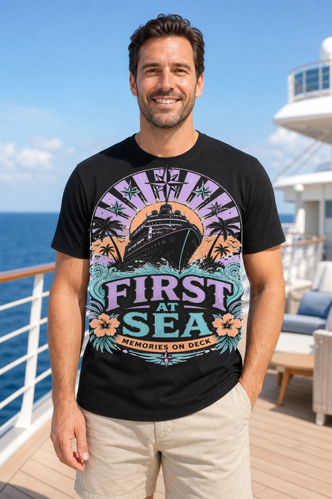 Male black T-shirt cruise deck mockup using exact CRUISE-0318 artwork